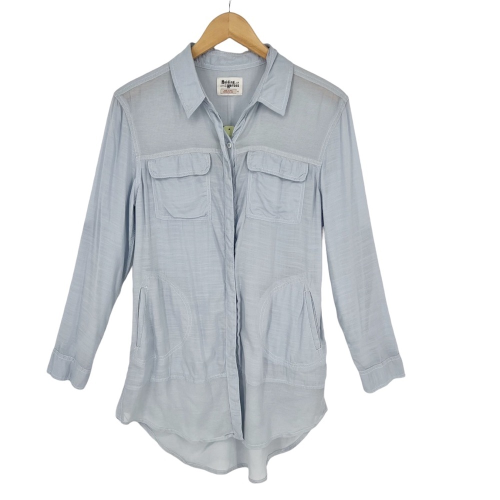 ANTHROPOLOGIE HOLDING HORSES Sky Blue Sheer Button Up Tunic-Length Blouse XS